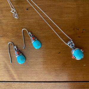 Sally C Treasures Sterling Silver Turquoise Coral Necklace and Earrings Set
